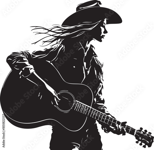 Cowboy playing acoustic guitar in dynamic silhouette with flowing hair symbolizing western music and artistic spirit