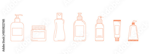 A collection of vector icons showcasing beauty, cosmetics, and personal care. Includes items like bottles, jars, shower gels, face creams, body lotions, sprays, ointments, and pastes.
