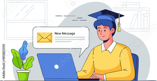 Smiling male student in graduation cap receives a new message notification on his laptop, engaged in focused online learning and remote study sessions