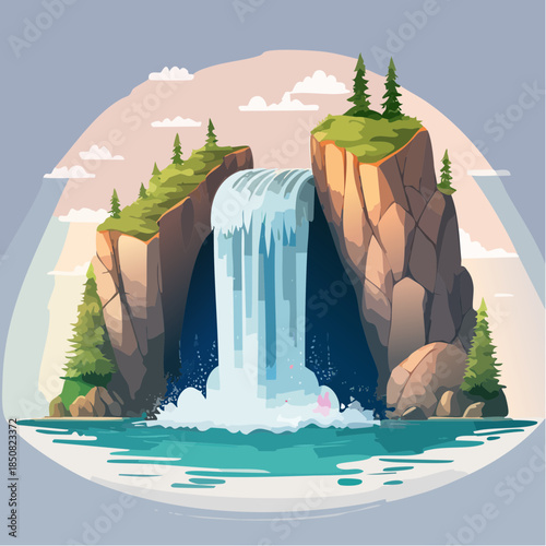 Scenic waterfall cascading between rocky cliffs into a turquoise pool, surrounded by lush greenery.