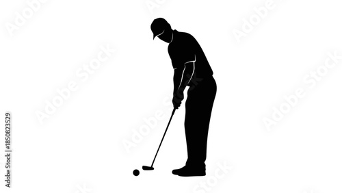 Golfer in silhouette preparing to putt on a white background