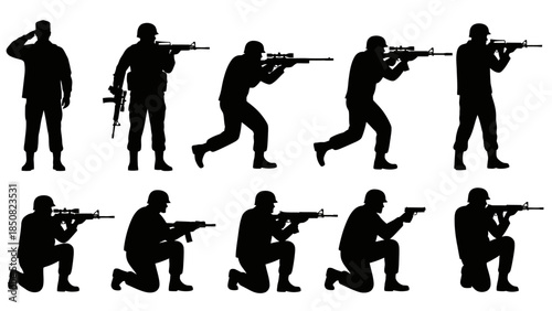 Silhouette illustrations of soldiers in various action poses with firearms, depicting military readiness and combat scenarios