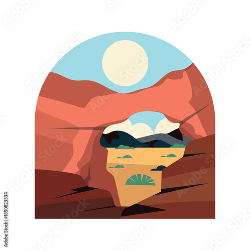 Red Rock Natural Arch Framing Distant Desert.