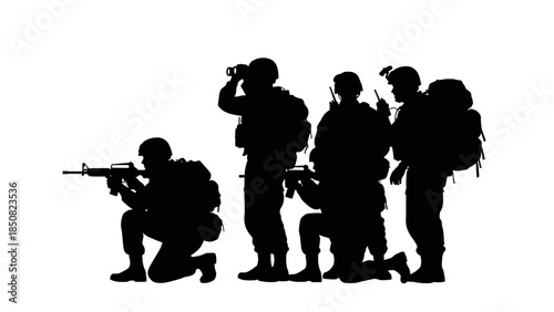 Silhouetted soldiers in military formation, tactical readiness, and preparedness for combat operations