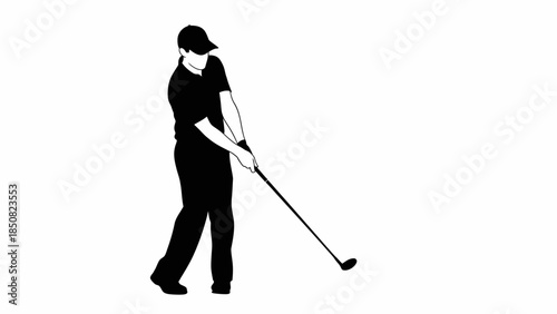 Silhouette of a golfer in mid-swing, preparing to strike the ball on a white background, sports illustration