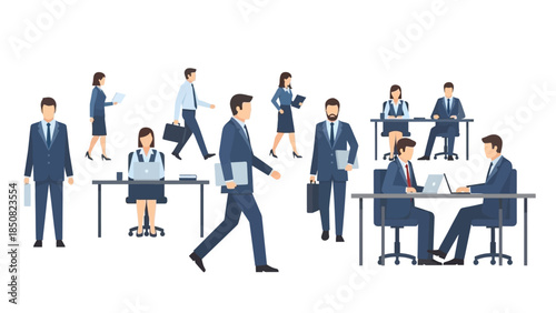 Business professionals in a modern office setting engaged in various work activities and interactions