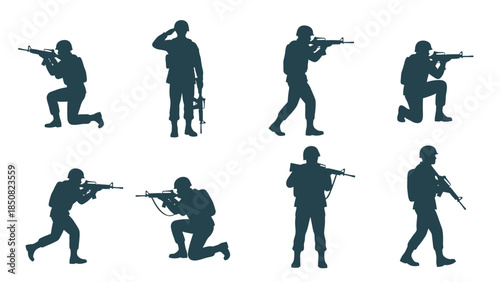 Silhouette collection of soldiers in various action poses, ready for combat and defense