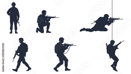Set of Silhouettes of Soldiers in Various Poses, Demonstrating Military Action and Readiness