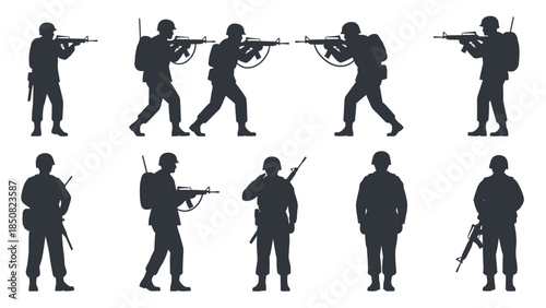 Set of diverse silhouette illustrations representing soldiers in various combat poses and stances