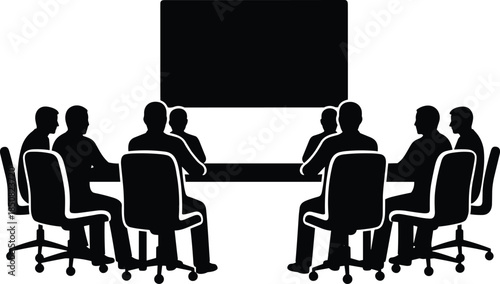 Business team meeting silhouette facing presentation screen in corporate boardroom leadership strategy planning discussion concept