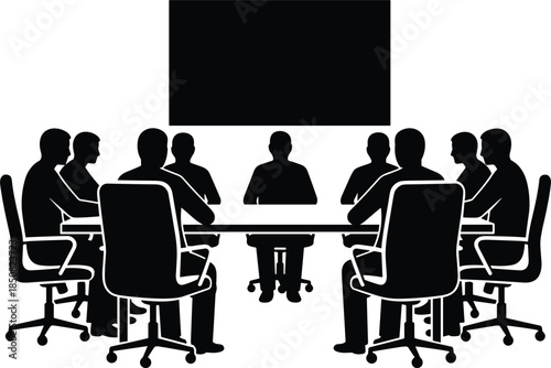 Business team meeting silhouette in boardroom conference room with corporate leadership discussion strategy concept professional collaboration planning teamwork