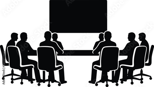 Corporate boardroom meeting silhouette with professional business team reviewing presentation screen leadership strategy planning discussion concept