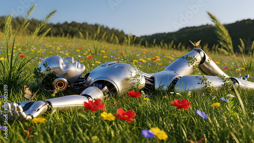 Relaxed Robot in a Field of Flowers - A Moment of Serenity.