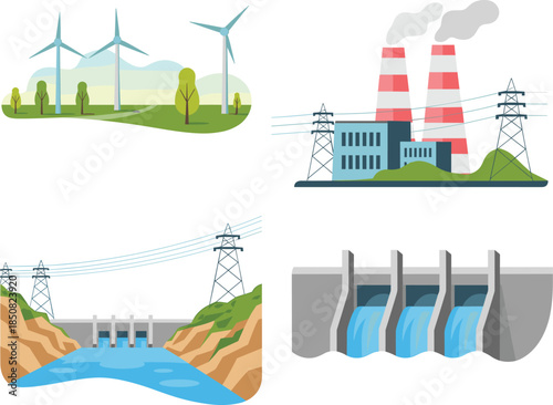 Energy production types illustration, wind farm, thermal power plant, hydroelectric dam, electricity generation systems, renewable and industrial energy concepts