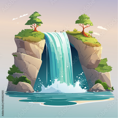 Cartoon waterfall scene with trees on cliffs, flowing into a pool of water.