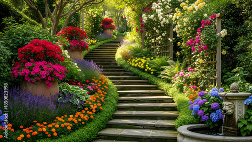 Stunning Garden Staircase - A Lush Oasis of Flowers and Greenery.