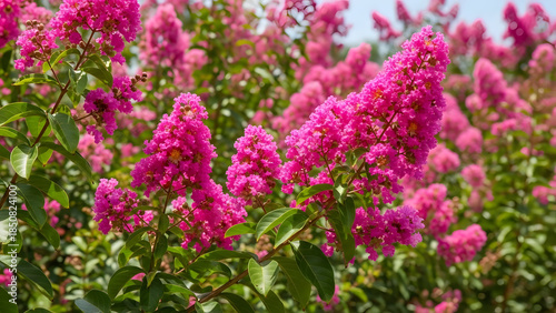 Vibrant Pink Crepe Myrtle Blossoms in Lush Garden Setting.