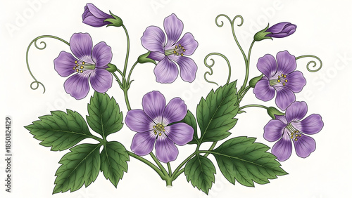 Beautiful Purple Flowers with Green Leaves and Vines Illustration.