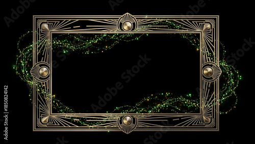 Elegant Art Deco Frame with Greenery and Black Background.