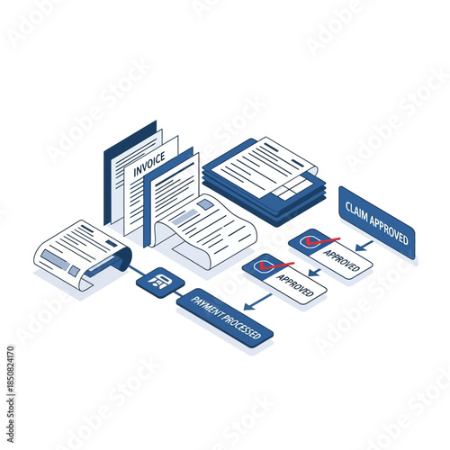 Isometric illustration of financial document processing, including invoices, receipts, payments, and claim approvals.
