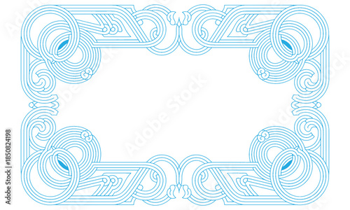  An intricate blue line decorative border with swirls and floral motifs on transparent background