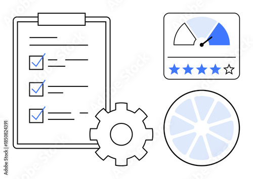 Business process optimization. Visual elements include a checklist, rating dashboard, and settings gear icon. Business process strategies, efficiency tools, team management, workflow improvement