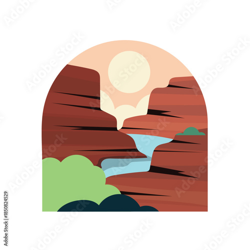 Stylized Red Rock Canyon River Under Sun.