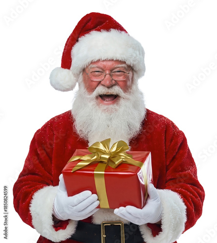 Santa Claus holding a gift isolated on a transparent background