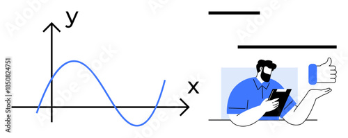 Data visualization, business analytics, online education, decision making, technology, development. Wavy graph paired with a man holding a tablet and a thumbs-up. Data visualization and business
