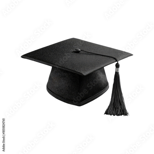 A black academic graduation mortarboard cap with a tassel sits atop a rolled diploma to signify university student success and degree achievement during a college ceremony isolated on white