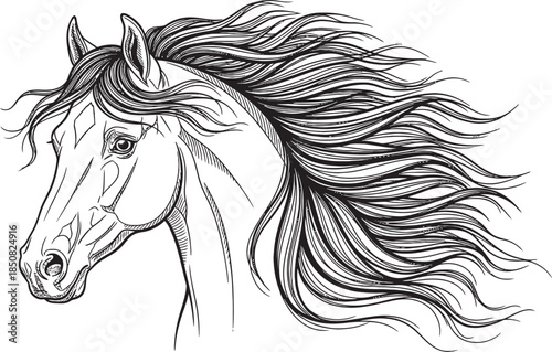 Detailed line art illustration of a majestic horse head with a long, flowing mane, in black and white.