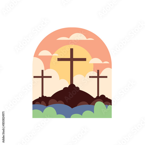 Three Crosses On Hill Symbolizing Christian Faith.