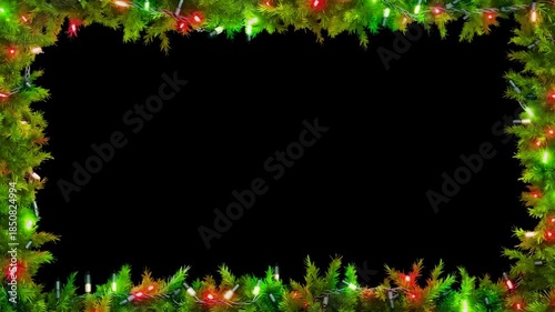 Christmas frame or new year frame with fir or pine leaves and light bulbs blinking Video for composting - 4K
