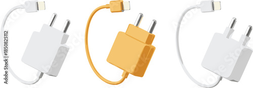 3D smartphone charger adapters with USB C cables, modern power supply accessories isolated on white background illustration