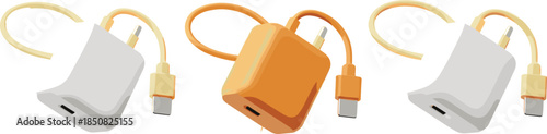 3D smartphone charger adapters with USB C cables, modern power supply accessories isolated on white background illustration