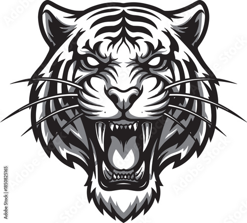 Aggressive roaring tiger head with sharp fangs and intense eyes in a black and white graphic illustration style.