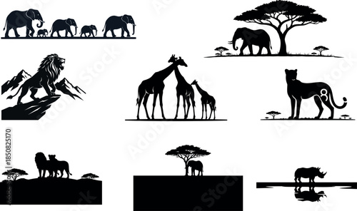 African Safari Animal Silhouettes Set: Elephant (Loxodonta), Lion (Panthera leo), Giraffe (Giraffa), Rhino, and Savanna Trees Wildlife Collection.