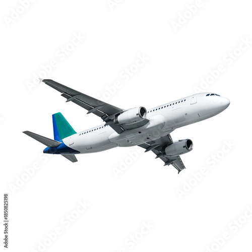 A passenger jet aircraft flies through the blue sky during a commercial flight for travel and air transportation, showcasing a modern airliner in aviation