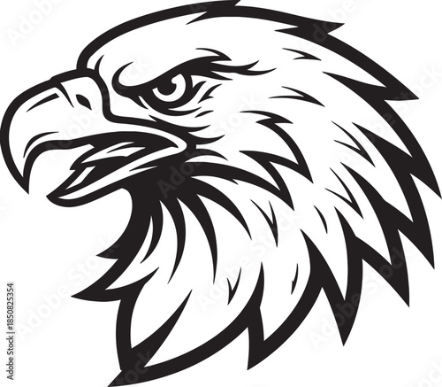 Stylized black and white illustration of a fierce eagle head in profile, featuring sharp lines and a determined expression.