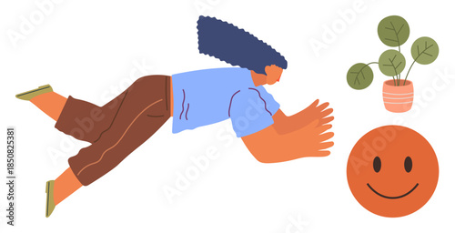 Woman with flowing hair flies enthusiastically, reaching toward a smiling face and potted plant. Ideal for wellness, positivity, inner peace, personal growth, mindfulness, motivation, simple flat