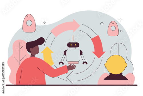Innovation's Embrace: A visual depiction of technological progress. the scene centers on a human figure interacting with a robot at the core of a circular process.