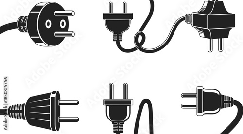 Black and white electrical plug icons set, minimalist power cable and socket silhouettes for technology and electricity design