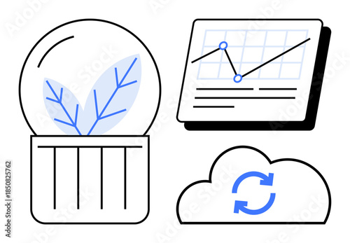 Potted plant sprout, data chart, and cloud with sync icon highlight eco-friendly growth, analytics, digital storage. Ideal for sustainability, technology, innovation, renewable energy environmental