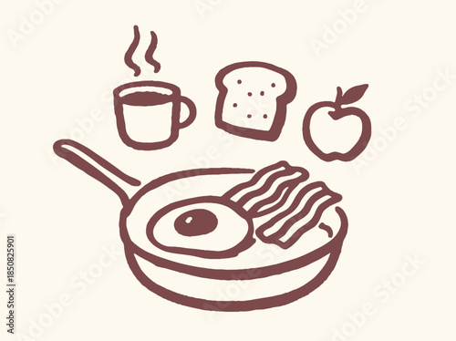 Breakfast Skillet with Egg and Bacon Doodle Vector Illustration