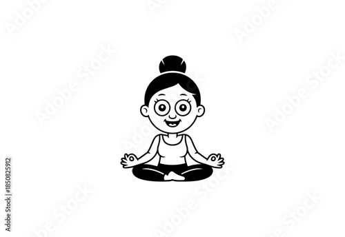 A happy young woman in sportswear doing a seated straddle stretch, isolated on a white background.