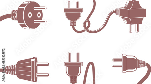 Black and white electrical plug icons set, minimalist power cable and socket silhouettes for technology and electricity design