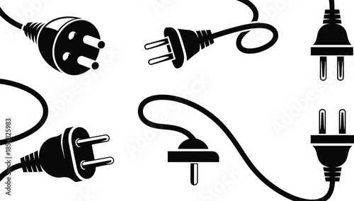 Black and white electrical plug icons set, minimalist power cable and socket silhouettes for technology and electricity design