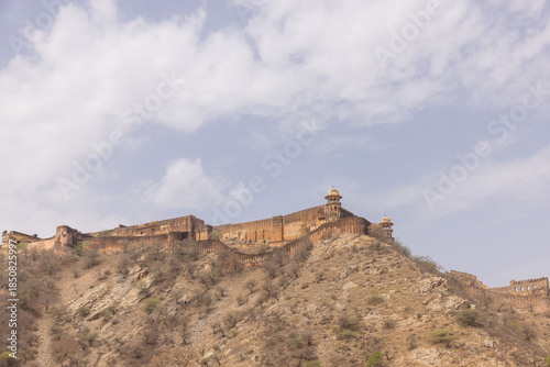 Architecture view of amber fort or amer fort palace of jaipur. Amber fort is a famous tourist destination of rajasthan. Palace on aravalli hills.