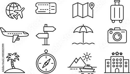 Travel and tourism line icons set with airplane map luggage camera compass hotel beach destination outline vector collection