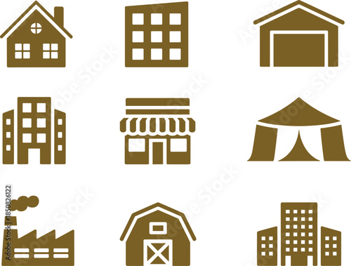 Building and property icons set with house apartment factory warehouse shop barn city silhouettes minimal vector collection